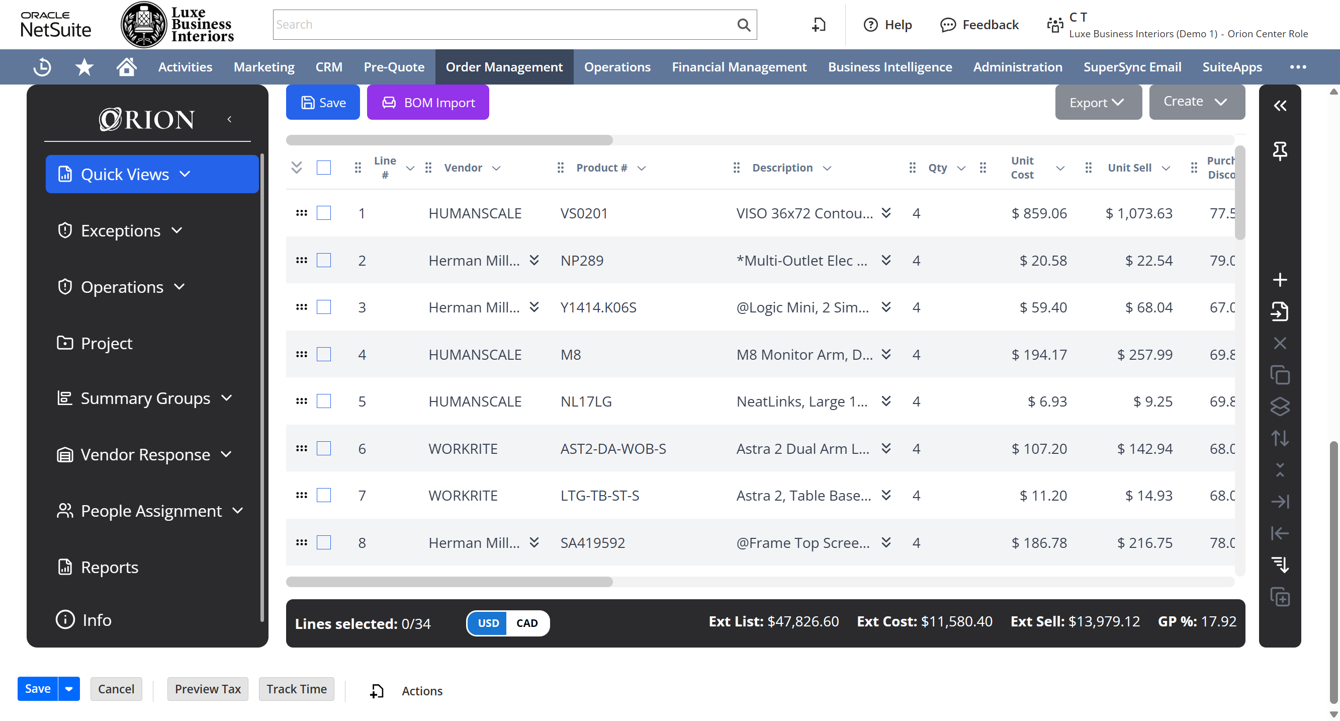 Orion Smart Table — inline editing across quotes, orders, and purchase orders